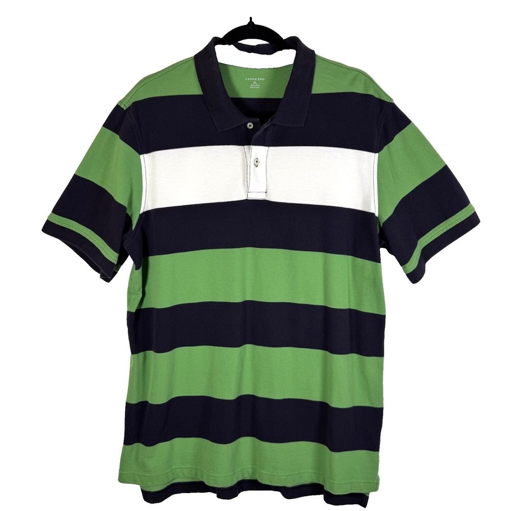 Vintage Land's End Men's XL Short Sleeve Polo Green Blue Y2K 100% Cotton
